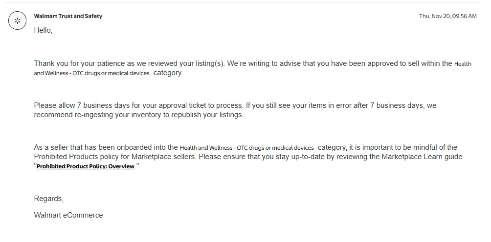 Real Walmart OTC approval email
